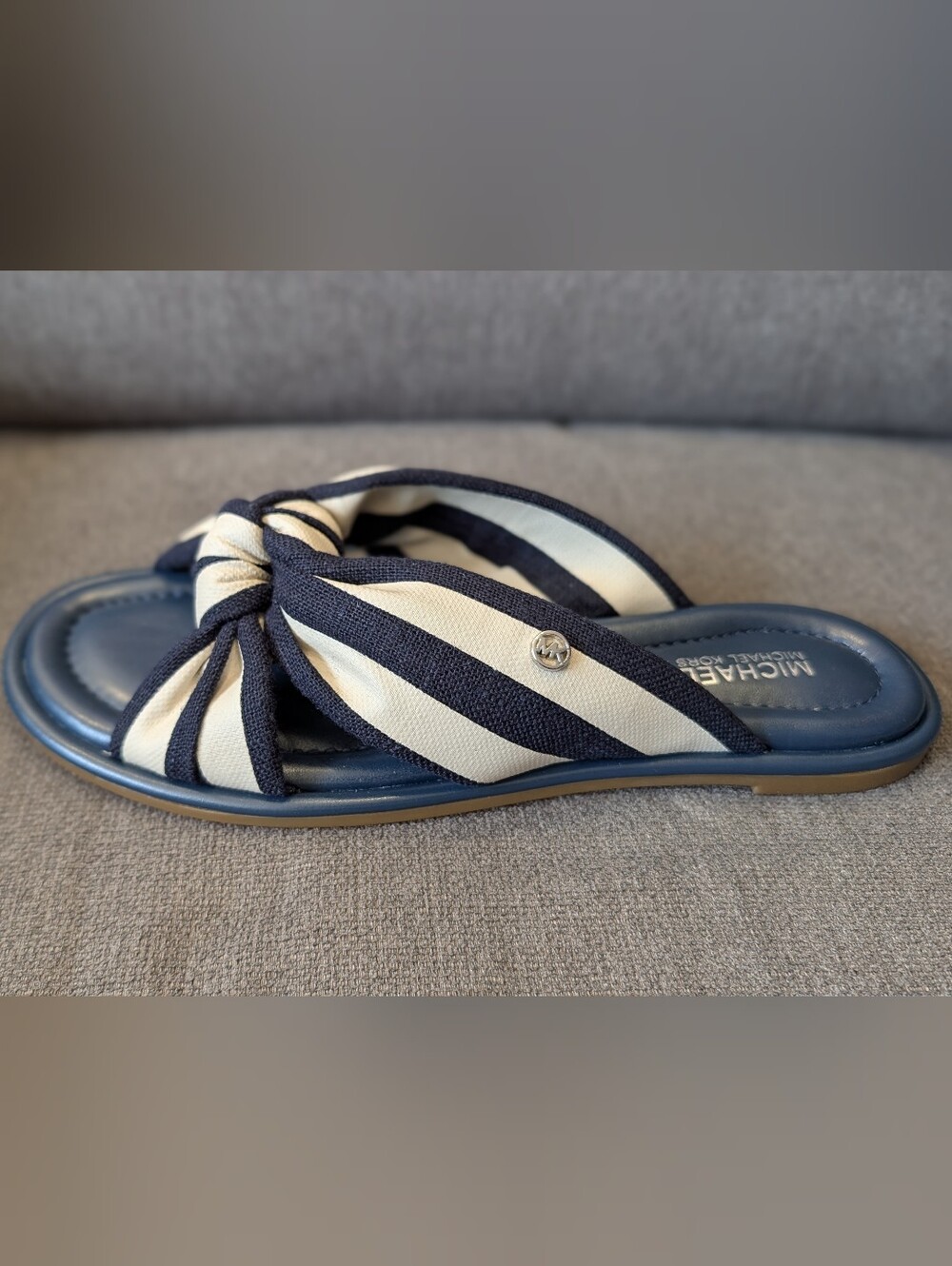 Michael Kors Navy and Cream Striped Knot Slide Sandal
